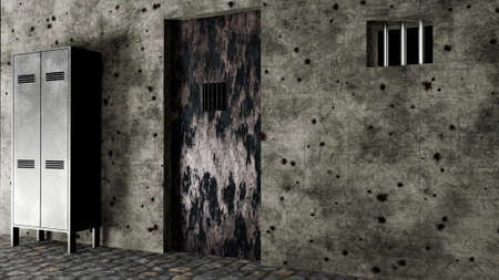 Prison gate, cell entrance. Wardrobe and door. Bunker and secret place, basement. Underground gloomy places. Wall with bullet holes and metal door peeling and corroded. 3d renderの写真素材
