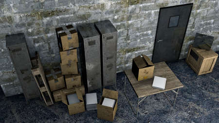 Table in a basement with box and top secret files. Secret place, hidden archive. Lockers, table and boxes. Important documents and sheets. Secret and hidden files. State Archives. 3d renderの写真素材