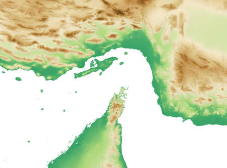 Strait of Hormuz. Map of the Middle East, Persian Gulf and Indian Ocean connecting across the Strait of Hormuz. Satellite view of Iran, United Arab Emirates, Qatar, Bahrain and Oman, 3d renderの写真素材