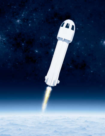 Tourist space travel, rocket and capsule, once the KÃ rmÃ n line is reached, the capsule will detach from the rocket. First tourist flight. Earth's atmosphere. New shepard. 3d renderの写真素材