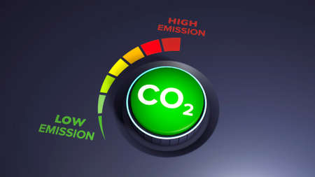 Lower CO2 emissions to limit global warming and climate change. Concept with knob to reduce levels of CO2. New technology to decarbonize industry, energy and transport. Carbon dioxide. 3d renderの写真素材