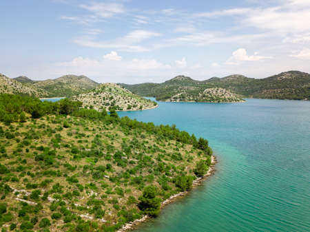 Aerial view of OtoÄiÄ Donji Å kolj, OtoÄiÄ Gornji Å kolj, panoramic view on the island of Dugi Otok in front of the city of Zadar, Croatiaの写真素材