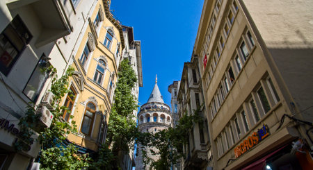 The Galata Tower, Galata Kulesi by the Genoese, is a medieval stone tower in the Galata-KarakÃ¶y quarter of Istanbul, Turkey, just to the north of the Golden Horn's junction with the Bosphorusのeditorial素材