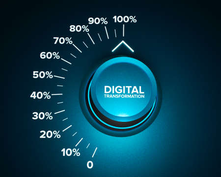 Digital transformation using information technologies as cloud computing, business process management and automation to improve efficiency. Rotating knob to increase data digitization. 3d renderの写真素材