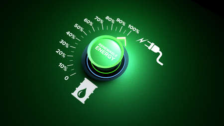 Renewable energy is useful energy that is collected from renewable resources. Rotating knob to increase the change from fossil fuel to renewable energy. 3d renderの写真素材