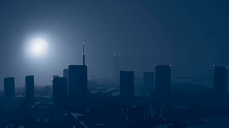 Aerial view of the Milan skyline, Piazza Gae Aulenti and Porta Nuova area, skyscrapers illuminated by the backlit moon. Night view. 3d renderingの写真素材
