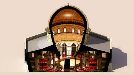 Interior cutaway of the Dome of the Rock, 3d section. Islamic shrine located on the Temple Mount in...