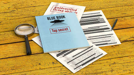Project Blue Book was the code name for the systematic study of unidentified flying objects by the United States Air Force. Declassified documents and files, top secret files on a table. 3d renderingの写真素材