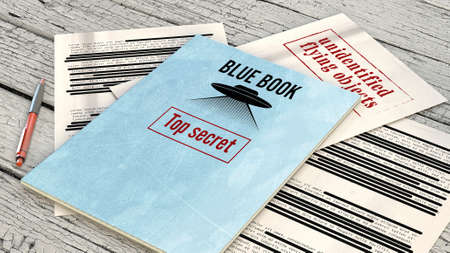 Project Blue Book was the code name for the systematic study of unidentified flying objects by the United States Air Force. Declassified documents and files, top secret files on a table. 3d renderingの写真素材