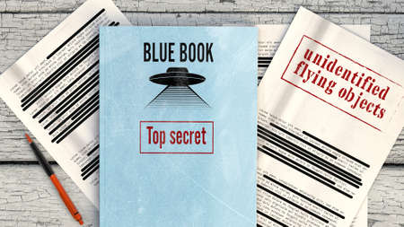 Project Blue Book was the code name for the systematic study of unidentified flying objects by the United States Air Force. Declassified documents and files, top secret files on a table. 3d renderingの写真素材