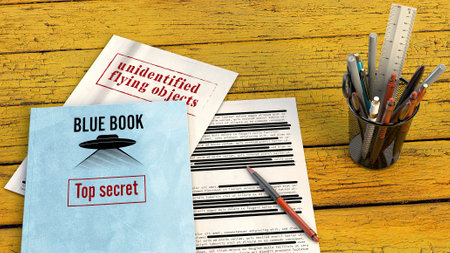 Project Blue Book was the code name for the systematic study of unidentified flying objects by the United States Air Force. Declassified documents and files, top secret files on a table. 3d renderingの写真素材