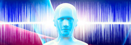Hearing problems and solutions. Ultrasound. Deafness. Advancing age and hearing loss. Soundwave and equalizer bars with human ear. 3d render. Sense of hearing, sound and music graphic conceptsの写真素材