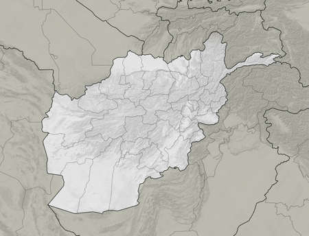 Satellite map of Afghanistan, physical map, reliefs and mountains. Black and white. Country borders and division into provinces. 3d renderingの写真素材