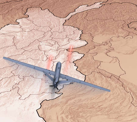 American military drone attack in Afghanistan. Terrorist target. Explosion of a missile launched by drone. Map of Afghanistan and mountain ranges. MQ-9 reaper. 3d renderingの写真素材