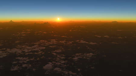 Climate change, panoramic view of a mountain range in a desert area at dawn. Raising the temperature. Arid and dry areas. Mountains and clouds. Global warming. Sunset. Aerial view. 3d renderingの写真素材