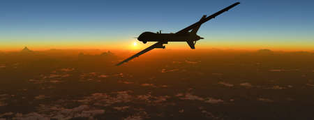 Aerial view and silhouette of a military drone flying over a mountain range at sunset. Military mission and target. 3d renderingの写真素材