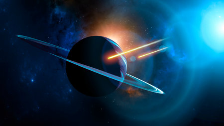 Planet with rings and comets, meteorite asteroids whizzing by. Cataclysms. Formation and creation of new worlds. Exoplanets, galaxies and nebulae. Sci-fi. 3d renderの写真素材