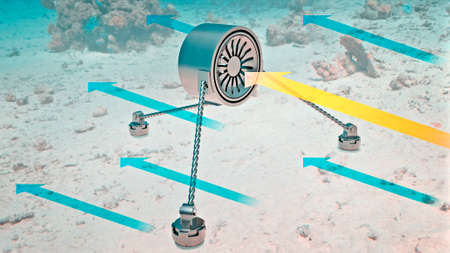 Renewable energy, tidal power. Ocean waves, current energy power. Waves energy converters. Turbine that stores the energy of sea currents. 3d renderingの写真素材