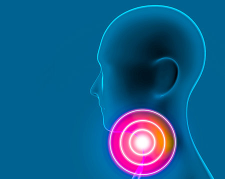 Sore throat, human body, anatomy. Burning in the throat. Painful irritation of the throat that is often aggravated by swallowing. Viral infections, tonsils, flu fever. 3d renderの写真素材