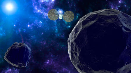 Lucy is a space probe on a twelve-year journey to eight different asteroids, visiting a main belt asteroid and Jupiter trojans, asteroids which share Jupiter's orbit around the Sun. 3d renderingの写真素材