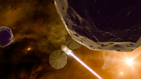 Lucy is a space probe on a twelve-year journey to eight different asteroids, visiting a main belt asteroid and Jupiter trojans, asteroids which share Jupiter's orbit around the Sun. 3d renderingの写真素材