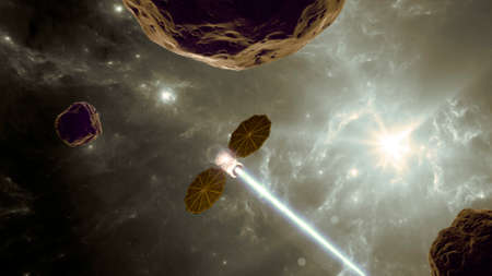 Lucy is a space probe on a twelve-year journey to eight different asteroids, visiting a main belt asteroid and Jupiter trojans, asteroids which share Jupiter's orbit around the Sun. 3d renderingの写真素材