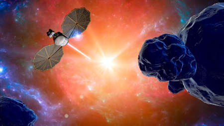 Lucy is a space probe on a twelve-year journey to eight different asteroids, visiting a main belt asteroid and Jupiter trojans, asteroids which share Jupiter's orbit around the Sun. 3d renderingの写真素材