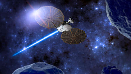 Lucy is a space probe on a twelve-year journey to eight different asteroids, visiting a main belt asteroid and Jupiter trojans, asteroids which share Jupiter's orbit around the Sun. 3d renderingの写真素材