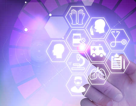 Healthcare logos, HUD interactive display, touch screen. Health interventions, coronavirus emergency, Covid-19. Viruses and antivirus protections. Vaccines. 3d renderingの写真素材