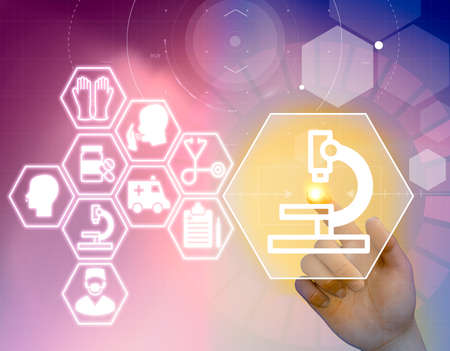 Scientific research, discoveries. Healthcare logos, HUD interactive display, touch screen. Health interventions, coronavirus emergency, Covid-19. Viruses and antivirus protections. Vaccines. 3d renderの写真素材