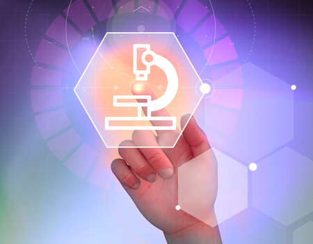 Scientific research, discoveries. Healthcare logos, HUD interactive display, touch screen. Health interventions, coronavirus emergency, Covid-19. Viruses and antivirus protections. Vaccines. 3d renderの写真素材