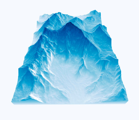 Satellite view of Mount Everest, Lhotse I, Nuptse, base camps for the ascent to the mountains of the Himalayas, on the border between Nepal and China. Section, 3d rendering. West side viewの写真素材