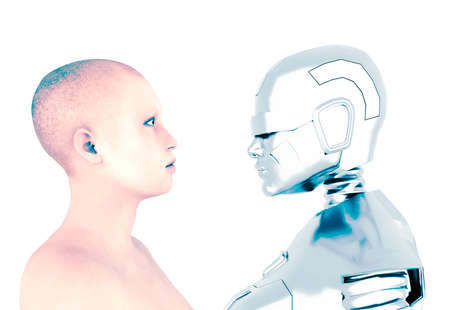 Digital world and analog world, human woman and robot woman, the future of the human race. The evolution of the species. Woman and robot in profile looking at each other. Side view. 3d renderingの写真素材