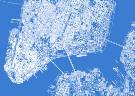 Satellite view of New York map, buildings and streets of Manhattan and Brooklyn, 3d buildings. NYC. Plexus, hologram and map effect .. 3d rendering. Blue printの写真素材