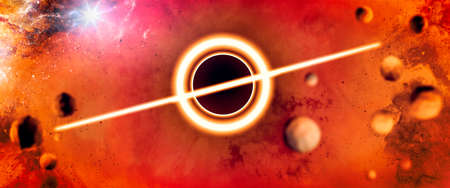 View of a black hole, asteroids and meteorites in motion. Expanding universe, galaxies. Sci-fi. 3d renderingの写真素材