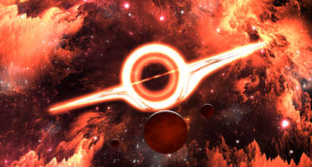 View of a black hole and planets. Expanding universe, galaxies. Gravitational field, attraction. Nebulae and stars. Deep space. Sci-fiの写真素材