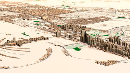 Satellite map of Dubai, United Arab Emirates, city streets. Palaces, buildings. 3d rendering. Palm Islands. Palm Jumeirah. Street map and city center map.の写真素材