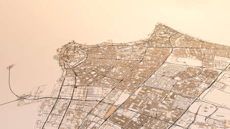 Satellite view of Kuwait city, Kuwait. Streets and buildings, map, city on the south shore of Kuwait Bay on the Persian Gulf. 3d renderingの写真素材