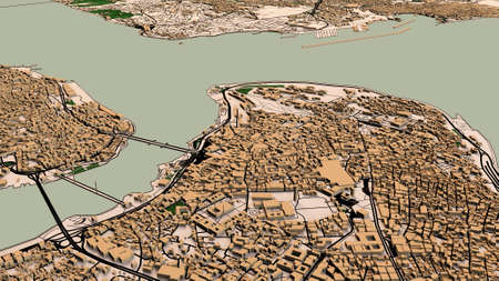 Satellite view of Istanbul. Map streets and buildings. 3d rendering. View of the Bosphorus Strait, center of the city. Turkeyの写真素材