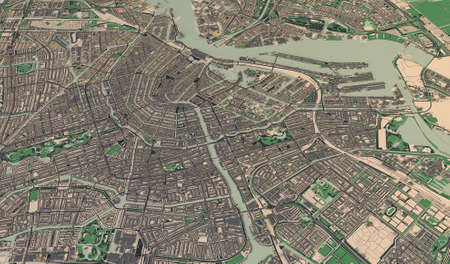 Satellite view of Amsterdam the capital of the Netherlands. Map, channels and roads. Palaces and buildings. 3d renderingの写真素材