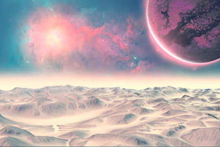 Planets and exoplanets of unexplored galaxies. Sci-Fi. New worlds to discover. Colonization and exploration of nebulae and galaxies. 3d renderの写真素材