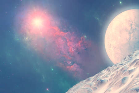 Planets and exoplanets of unexplored galaxies. Sci-Fi. New worlds to discover. Colonization and exploration of nebulae and galaxies. Planet and rings. 3d renderの写真素材