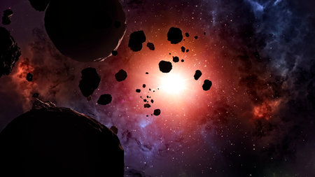 Asteroid and debris in the space. Asteroid rings around a planet. Big star in the background.の写真素材