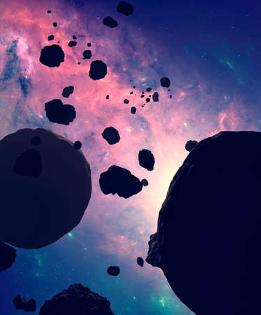 Asteroid and debris in the space. Asteroid rings around a planet. Big star in the background.の写真素材