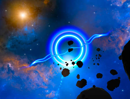 Supermassive black hole, it is a class of astronomical objects that have undergone gravitational collapse. Event horizon. Asteroid and debris in the space. Asteroid rings around a planet. 3d renderの写真素材