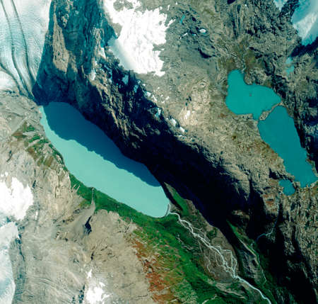 Satellite view of a glacier, Alaska. Use. Ice melting.の写真素材