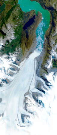 Satellite view of a glacier, Jorge Montt, Chile. Ice melting. Climate change.の写真素材