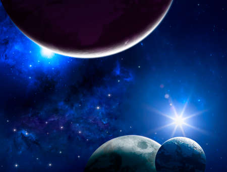 Planets and exoplanets of unexplored galaxies. Sci-Fi. New worlds to discover. Colonization and exploration of nebulae and galaxies. Planet and rings. 3d renderの写真素材
