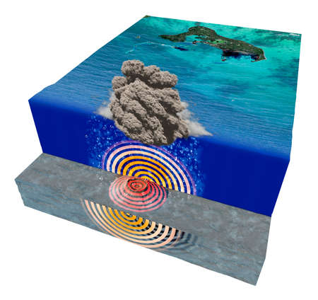 Eruption of the underwater volcano near the island of Tonga. Hunga Tonga - Hunga HaÊ»apai. Tsunami warning. Column of smoke and ashes. 3d rendering