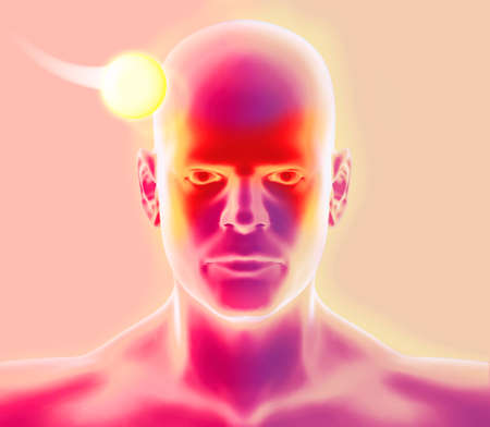 Face of a man seen from the front, headache and sinusitis. Pill to relieve headaches and various pains. Head of a man. 3d renderingの写真素材